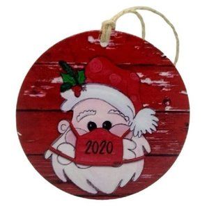 Santa Claus Red Face Mask Wood Planks Dated 2020 Round Christmas Ornament 3 in